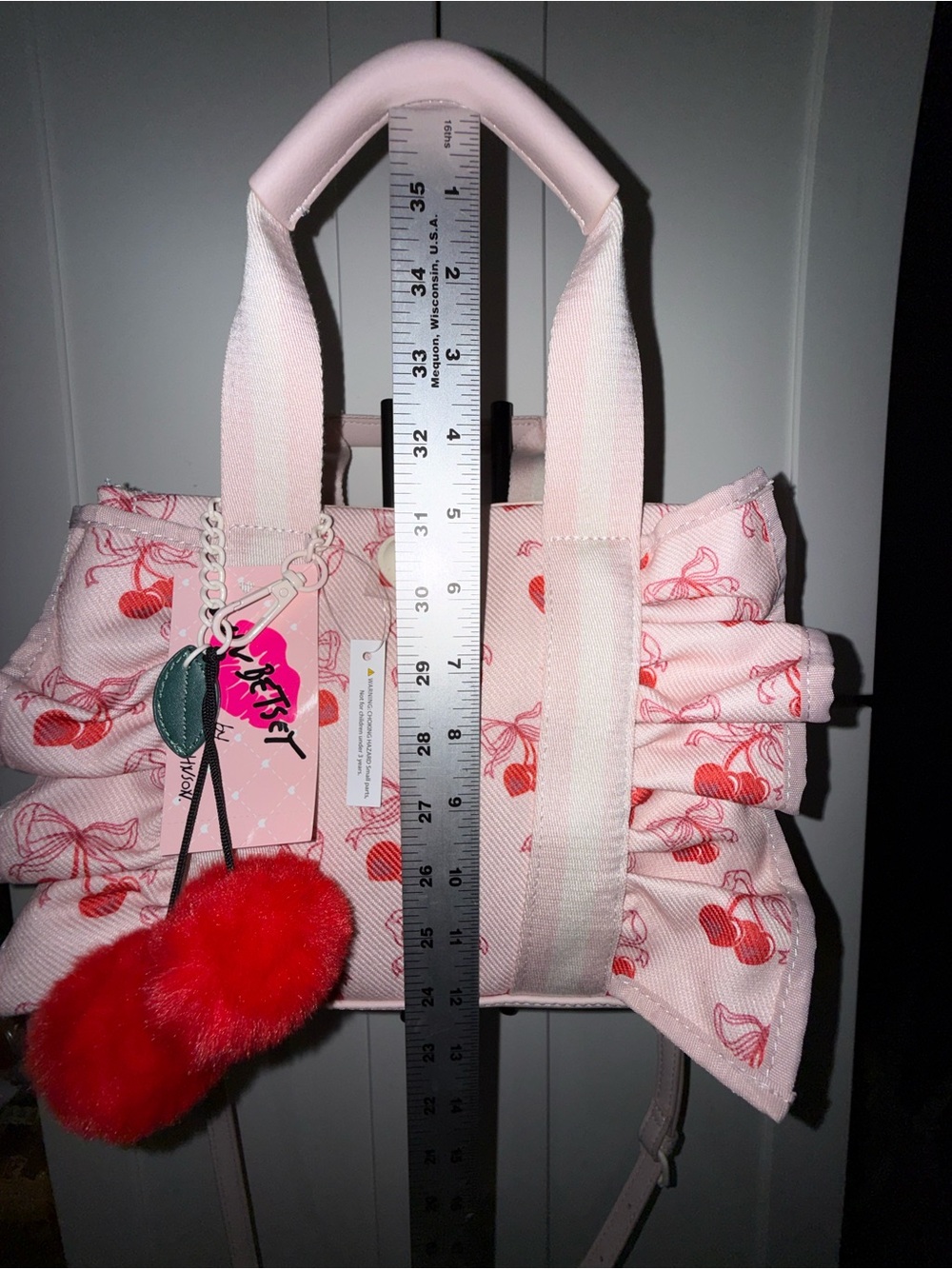 NEW LUV BETSEY JOHNSON Pink Red Cherry RUFFLE TOP HANDLE crossbody pompom Bag - Picture 15 of 16